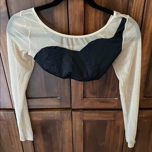 Asymmetrical long sleeve dance crop top tan/blk